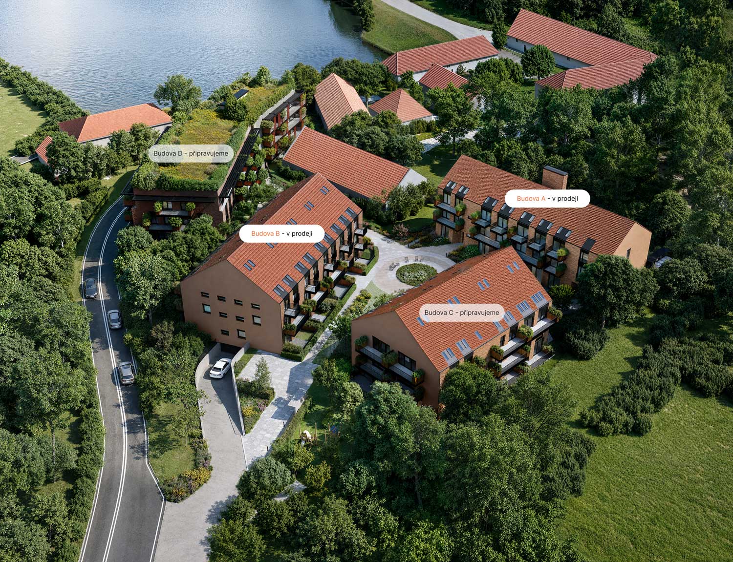 Vizualizace celého projektu (pohled z dronu) s popisem budov